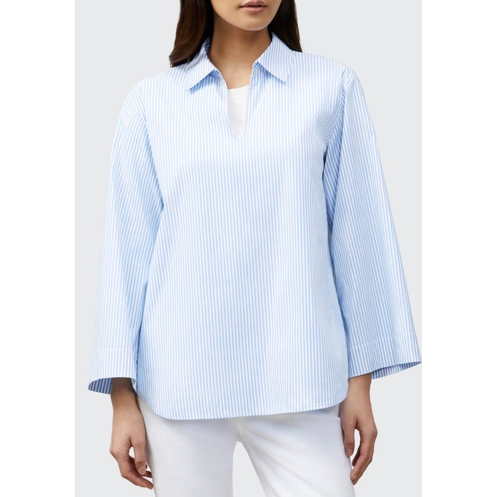Lafayette 148 Pelham Striped Collared Shirt Size Large Coastal Minimalist
